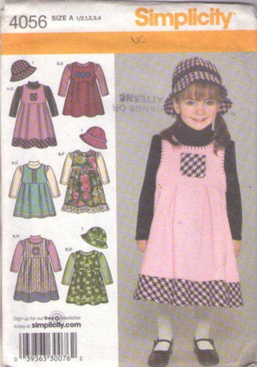 Simplicity 4056 Retro 2006 Sewing Pattern Girl's Dresses, Modest Flared Cottagecore Farmcore Jumper, Dress in 2 Lengths, Bucket Hat & Top, Blouse Size 1/2-4