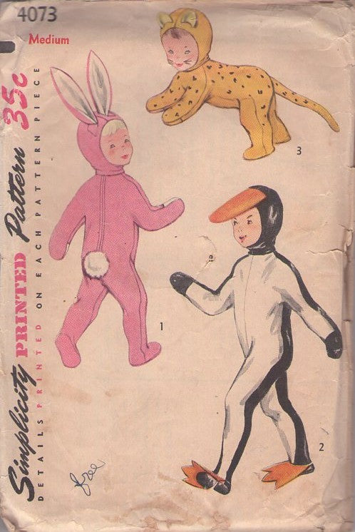 Simplicity 4073 Vintage 50's Sewing Pattern Animal Costumes, Boys' or Girl's Jumpsuit Costume Set, Kitty Cat, Ralphie Christmas Story Bunny Rabbit Suit, Penguin, Flippers and Hoods Size M Cut