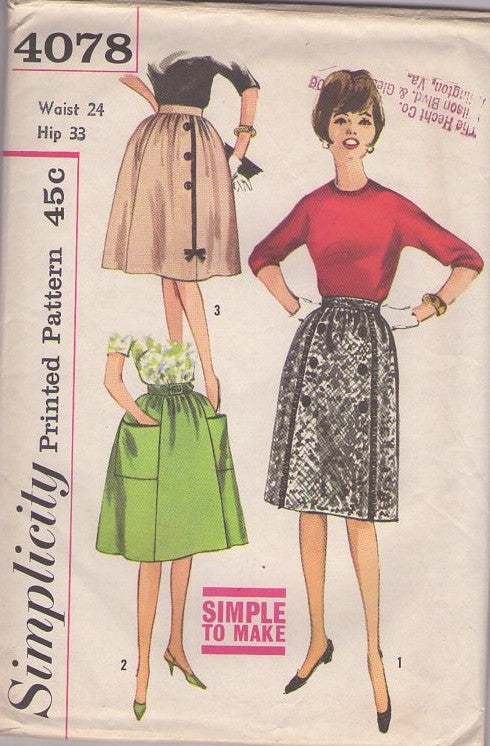 Simplicity 4078 Vintage 60's Sewing Pattern Skirt Set, Simple to Make, Secretary Skirts, Huge Pockets, Front Panel with Button & Fringe Trim, Bell Shaped or A-Line 3 Styles Waist 24 Size S