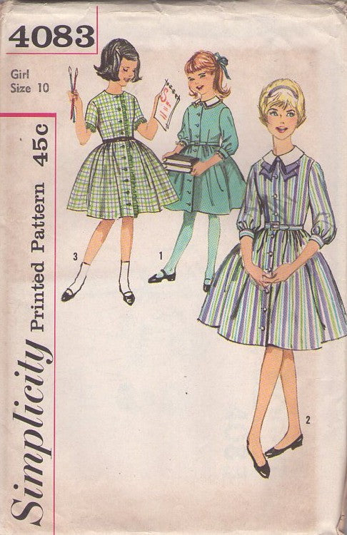Simplicity 4083 Vintage 60's Sewing Pattern Girl's Dress Set, Pre Teen, Full Flared Skirt, Front Buttoned Coat Dress Size 10