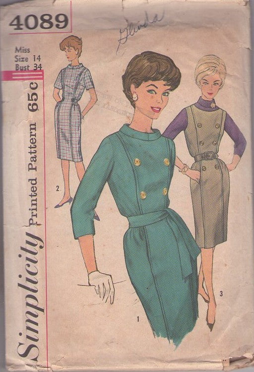 Simplicity 4089 Vintage 60's Sewing Pattern Dress and Jumper, Flat Panel Front Secretary Day Dress, Sheath Skirt Hidden Pockets Jumper 3 Styles Size 14