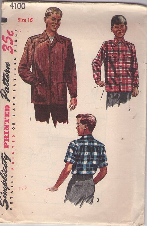 Simplicity 4100 Vintage 50's Sewing Pattern Sports Shirts, Boys' or Men's Plaid Flannel Hunting Shirt, Corduroy Shirt Jacket Top Size 16