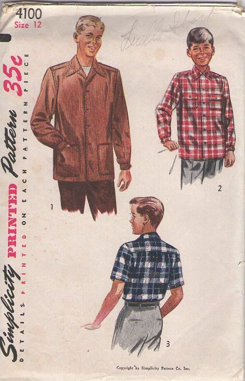 Simplicity 4100 Vintage 50's Sewing Pattern Sports Shirts, Boys' or Men's Plaid Flannel Hunting Shirt, Corduroy Shirt Jacket Top Size 12