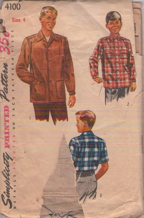 Simplicity 4100 Vintage 50's Sewing Pattern Sports Shirts, Boys' or Men's Plaid Flannel Hunting Shirt, Corduroy Shirt Jacket Top Size 4