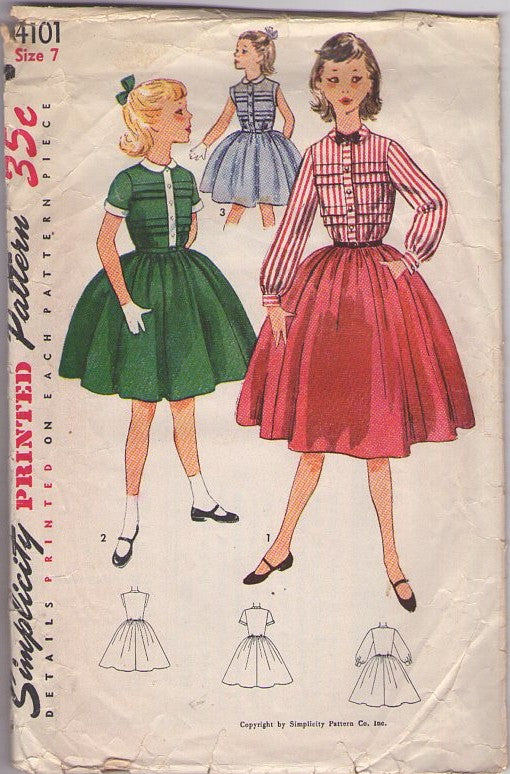 Simplicity 4101 Vintage 50's Sewing Pattern Girl's Dress Set, Modest Horizontal Pin Tucks, Contrast Blouse Full Skirt School or Party Dress Size 7