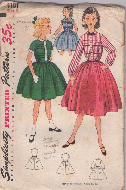 Simplicity 4101 Vintage 50's Sewing Pattern Girl's Dress Set, Modest Horizontal Pin Tucks, Contrast Blouse Full Skirt School or Party Dress Size 8