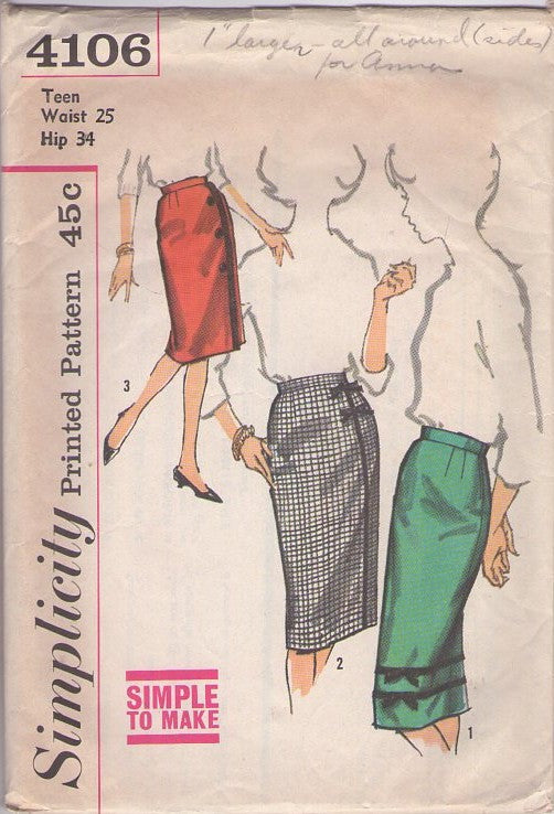 Simplicity 4106 Vintage 60's Sewing Pattern Secretary Skirts, Easy to Sew, Mad Men, 1 Yard Skirt Set, Front Wrap Look Waist 25 Size S