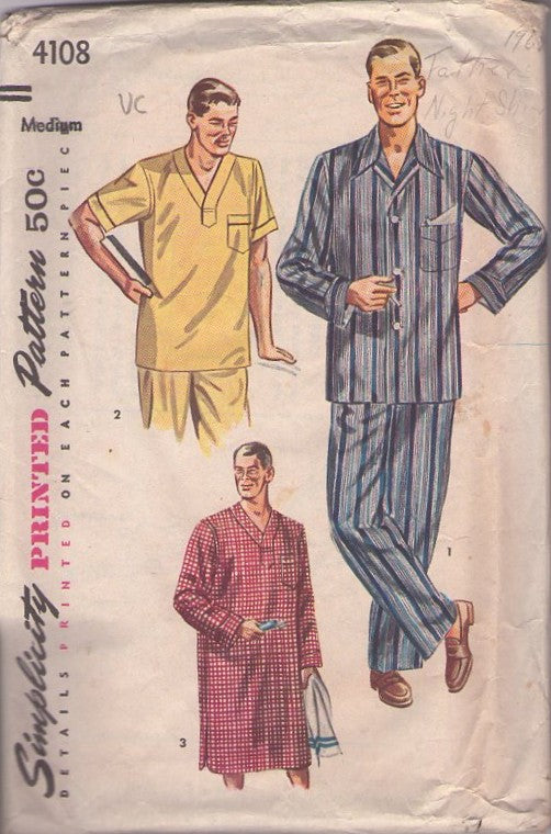 Simplicity 4108 Vintage 50's Sewing Pattern Men's Pajamas, Hugh Hefner Lounging PJs, Top, Trousers, Nightshirt Gown Size M Cut