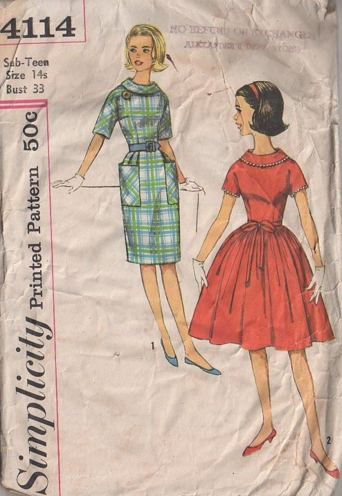 Simplicity 4114 Vintage 60's Sewing Pattern Petite Dresses, Teens' Hairspray Slim or Full Gathered Skirt Roll Collar Party Dress Size 14
