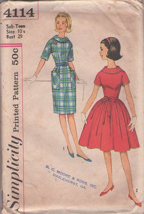 Simplicity 4114 Vintage 60's Sewing Pattern Petite Dresses, Teens' Hairspray Slim or Full Gathered Skirt Roll Collar Party Dress Size 10