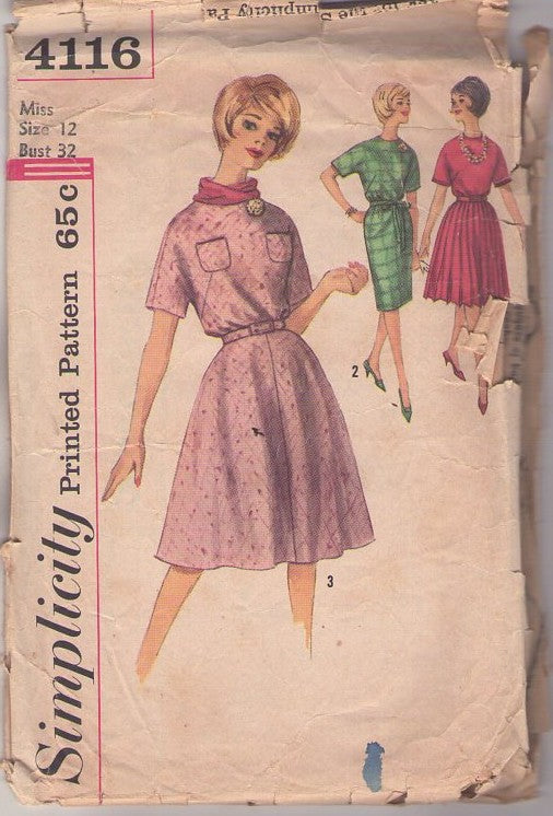 Simplicity 4116 Vintage 60's Sewing Pattern Secretary Dress Set, Dolman Sleeve Dress, 3 Skirt Choices, Pockets Size 12
