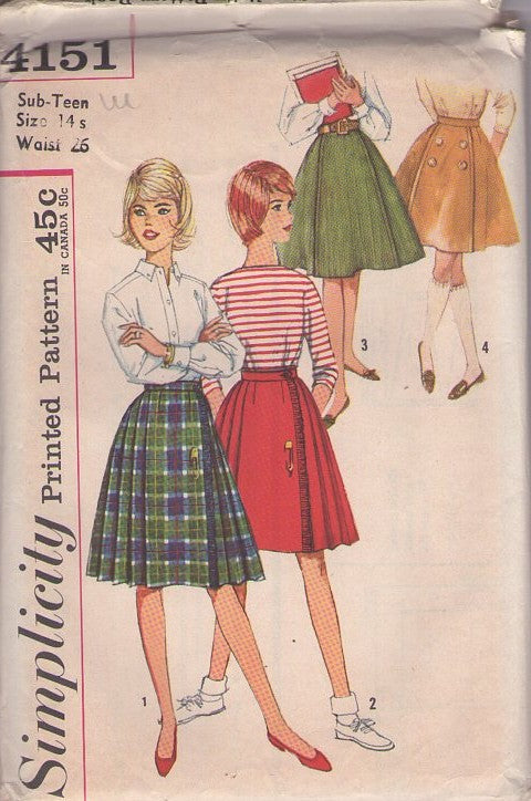 Simplicity 4151 Vintage 60's Sewing Pattern Bandstand Skirts, Gored Panels Skirt, Celtic Scottish Flair Pleated Kilt Skirt with Jumbo Safety Pin Size 14