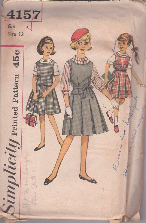 Simplicity 4157 Vintage 60's Sewing Pattern Teen Girl's Jumper, Blouse, First Job Interview, Modest School Dress, Box Pleated Skirt Jumper, Roll Collar Blouse Size 12