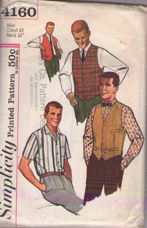 Simplicity 4160 Vintage 60's Sewing Pattern Men's Shirt, Vest Set, Father Knows Best Casual or Dress Styles, Size 42