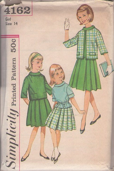 Simplicity 4162 Vintage 60's Sewing Pattern Teen Girl's Suit Separates, First Job Interview Roll Collar Blouse, Pleated Skirt, Suit Jacket Separates Size 14