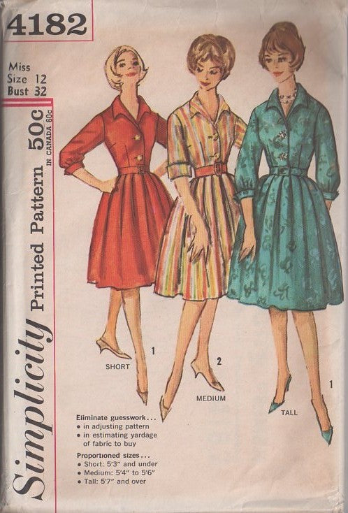 Simplicity 4182 Vintage 60's Sewing Pattern Rockabilly Dresses, Shirtwaist Secretary Day or Formal Night Pleated Skirt Proportioned Dress 2 Styles Size 12