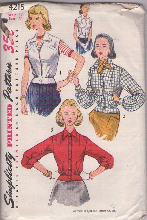 Simplicity 4215 Vintage 50's Sewing Pattern Petite Jackets, Hepburn Style, Cinched Waist, Peplum Band Blouse or Vest Top, 3 Styles Size 12
