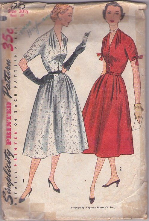 Simplicity 4225 Vintage 50's Sewing Pattern Lucy Day Dresses, New Look Shirred V Neck Dolman Sleeve Fit & Flared Modest Day Dress 2 Styles Size 20.5
