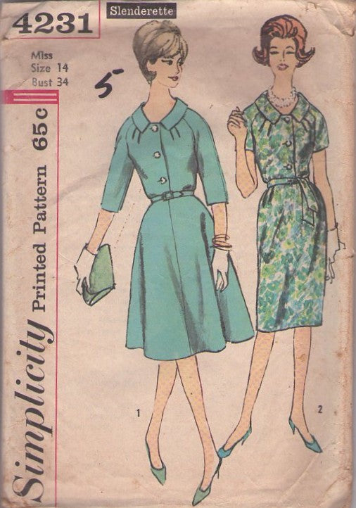 Simplicity 4231 Vintage 60's Sewing Pattern Day Dress, Tucked Bodice, Collared Shirtwaist Dress, Slim or Flared Skirt Size 14