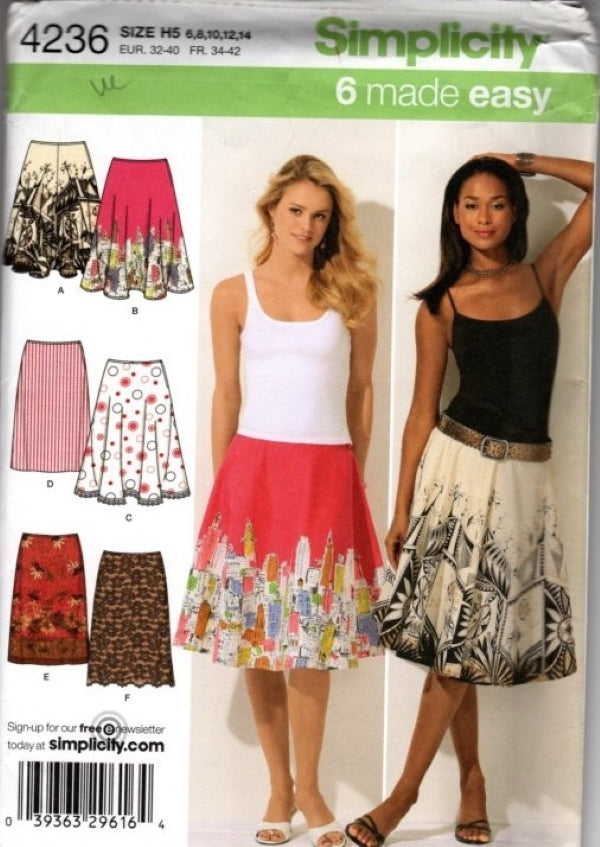 Simplicity 4236 Retro 2006 Sewing Pattern Six Made Easy, Flared Border Print or Slim Skirt Set, No Waistbands, Size 6-14