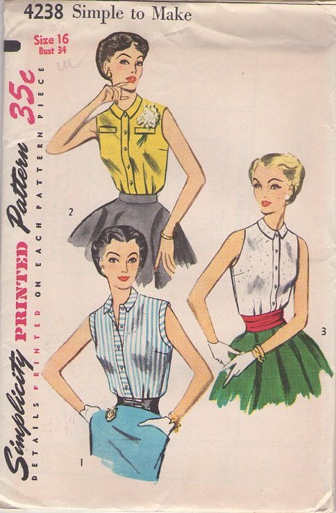 Simplicity 4238 Vintage 50's Sewing Pattern Rockabilly Blouses, Simple to Make Sleeveless Shirt Set, 3 Styles Size 16