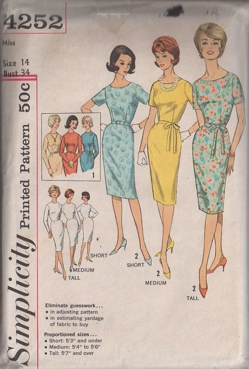 Simplicity 4252 Vintage 60's Sewing Pattern Bonus Basic Dress, Proportioned Sheath Dress & Tie Belt Size 14