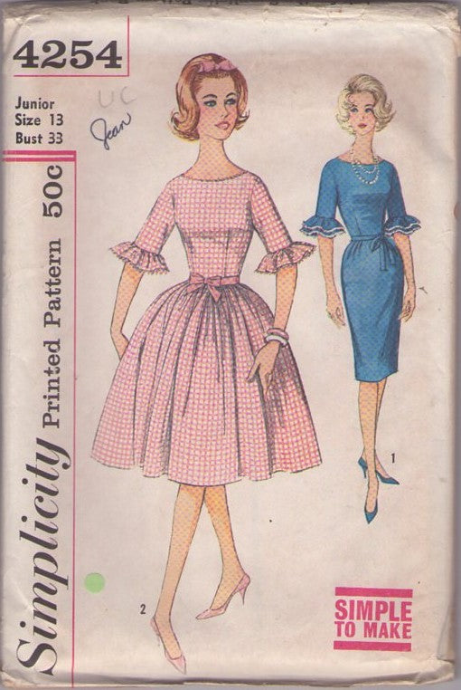 Simplicity 4254 Vintage 60's Sewing Pattern Day Dress, Simple to Make, Petticoat Junction, Mad Men, Sheath or Full Skirt Picnic Party Dress Size 13