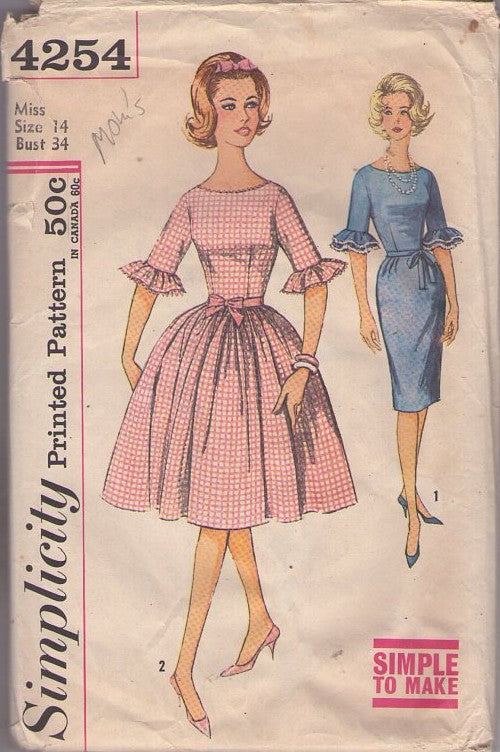 Simplicity 4254 Vintage 60's Sewing Pattern Day Dress, Simple to Make, Petticoat Junction, Mad Men, Sheath or Full Skirt Picnic Party Dress Size 14