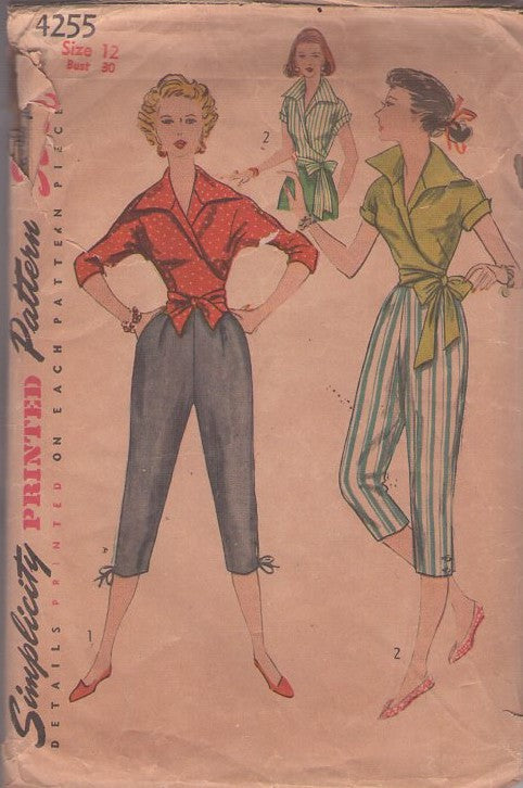 Simplicity 4255 Vintage 50's Sewing Pattern Pinup Outfit, Rockabilly Wing Collar Wrap Around Blouse, Shirt, Pedal Pushers Capri Pants Size 12