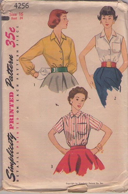 Simplicity 4256 Vintage 50's Sewing Pattern Housewife Blouse Set, Collar, Sleeve Choice, 3 Styles Size 16