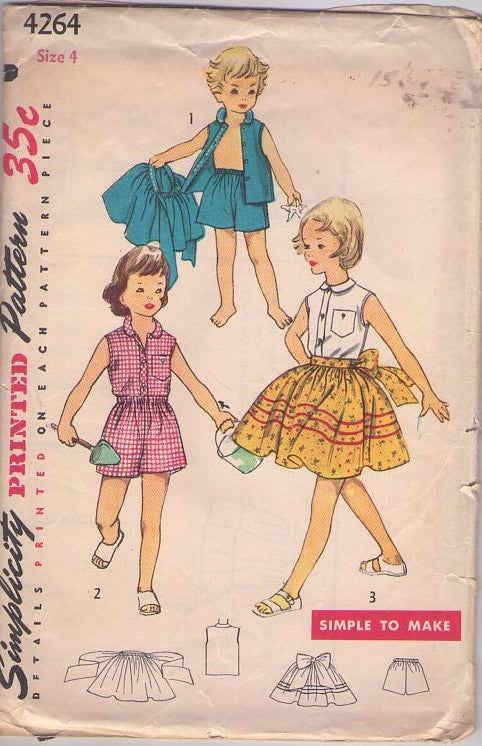 Simplicity 4264 Vintage 50's Sewing Pattern Girl's Separates, Simple To Make, Sleeveless Summer Blouse, Shorts, Full Sash Bow Skirt Cover Up Size 4