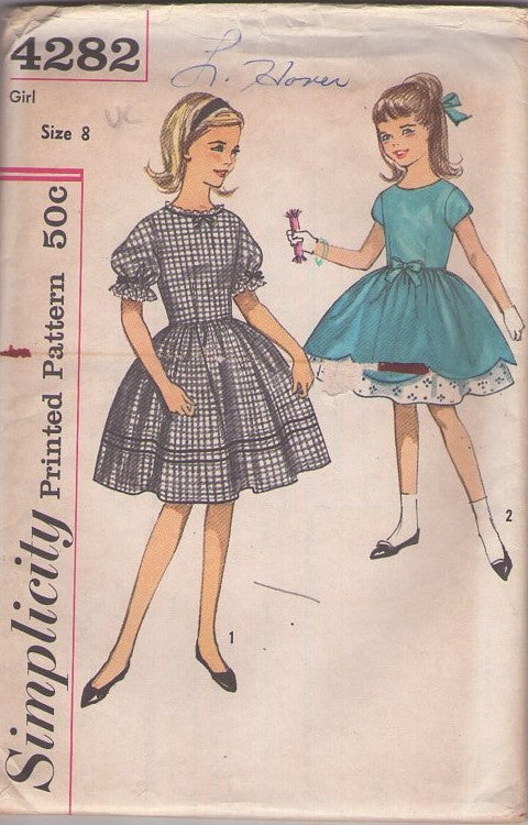Simplicity 4282 Vintage 60's Sewing Pattern Girl's Dress, Modest, Hairspray Dance or School Dress, Puff Sleeve, Layer of Eyelet Ruffles, 2 Styles Size 8
