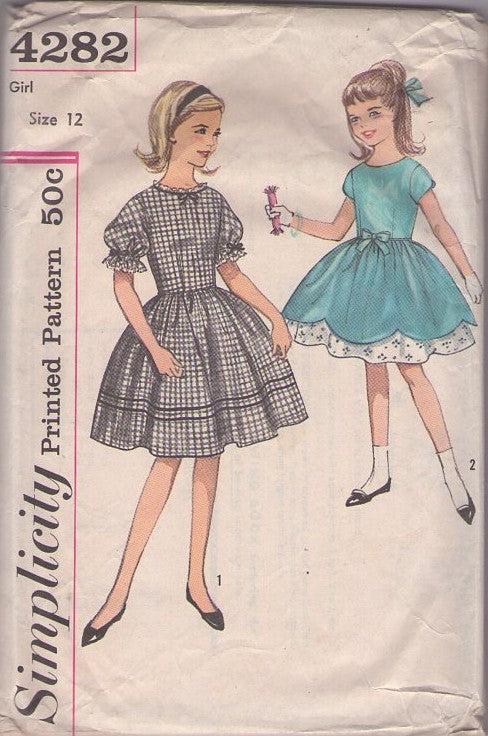 Simplicity 4282 Vintage 60's Sewing Pattern Girl's Dress, Modest, Hairspray Dance or School Dress, Puff Sleeve, Layer of Eyelet Ruffles, 2 Styles Size 12