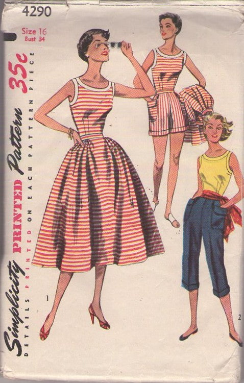 Simplicity 4290 Vintage 50's Sewing Pattern Rockabilly Separates, Summer Styles, Dart Fitted Blouse, Pleated Full Flared Skirt, Cuffed Shorts, Clam Digger Capri Pants Size 16