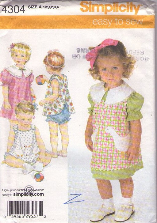 Simplicity 4304 Retro 2006 Sewing Pattern TODDLER Separates, Cottagecore, Farmcore, Duck Duck Goose, Applique Pockets, Puff Sleeve Dress, Criss Cross Back Sun Top, Bloomers Size 1/2-4