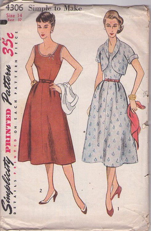 Simplicity 4306 Vintage 50's Sewing Pattern Rockabilly Dresses, Simple to Sew Lucy Scoop Neck Flared Skirt Day Dress, Cropped Shawl Collar Bolero Jacket Size 14 CUT