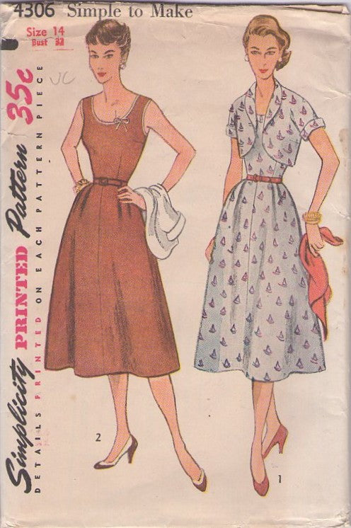 Simplicity 4306 Vintage 50's Sewing Pattern Rockabilly Dresses, Simple to Sew Lucy Scoop Neck Flared Skirt Day Dress, Cropped Shawl Collar Bolero Jacket Size 14 UNCUT