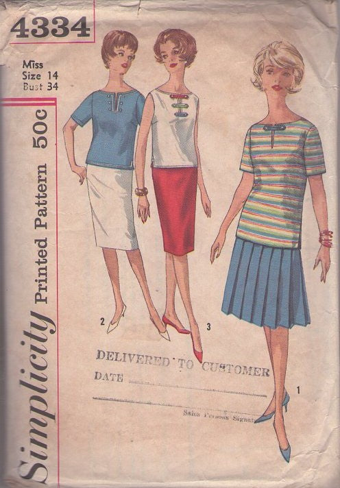 Simplicity 4334 Vintage 60's Sewing Pattern Secretary Separates, Button Tab, Ribbon Detail Blouse, Top, Slim Sheath Pencil or Pressed Pleats Skirt Size 14