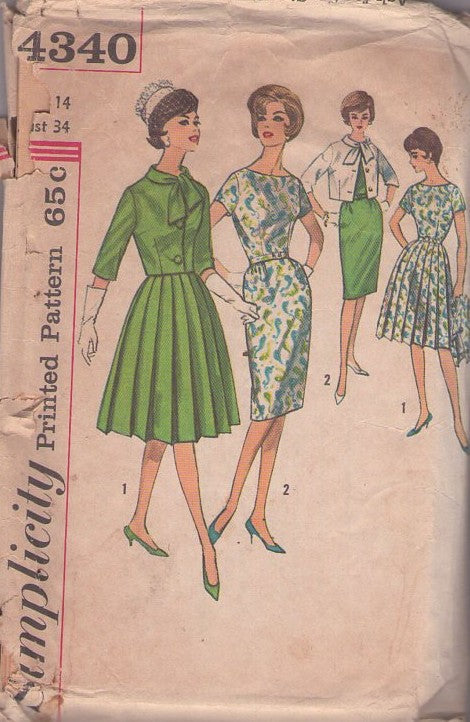 Simplicity 4340 Vintage 60's Sewing Pattern Suit Separates, Jackie O, Slim or Knife Pleated Skirt Dress & Tie Collar Suit Jacket Size 14 CUT