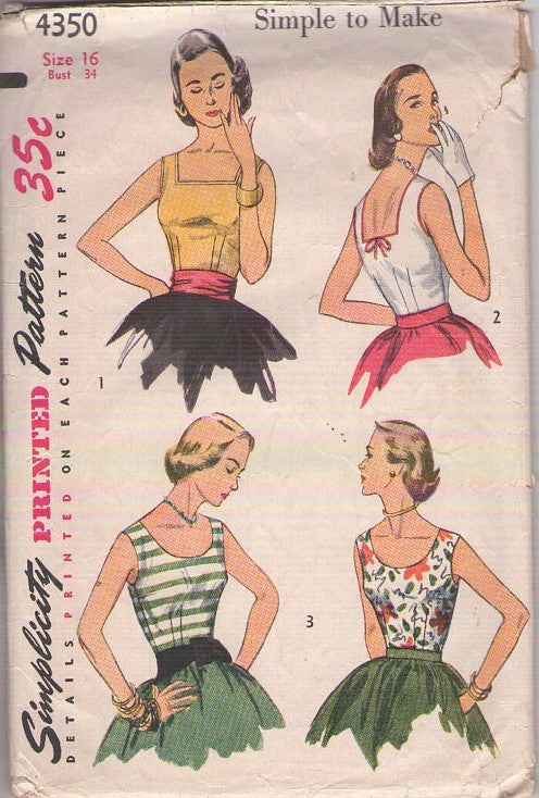 Simplicity 4350 Vintage 50's Sewing Pattern Cocktail Blouse Set, Simple to Make Rockabilly Set, Square or Round Neckline, 3 Styles Size 16
