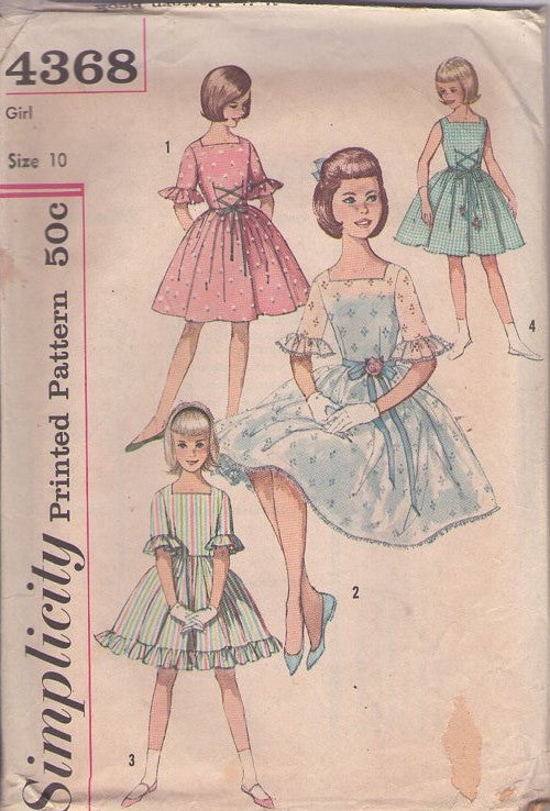 Simplicity 4368 Vintage 60's Sewing Pattern Girl's Dresses, Retro Rockabilly Hairspray First Dance Party Dress, Eyelet, Gingham, Sleeve Flounce Size 10