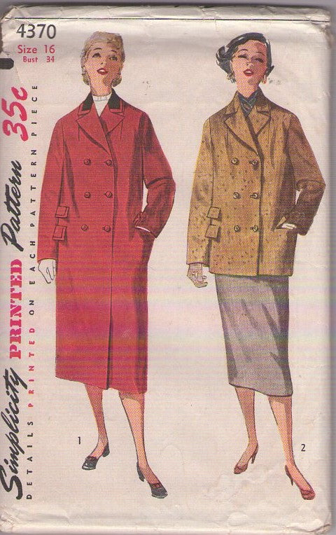 Simplicity 4370 Vintage 50's Sewing Pattern New Look Coat, Jacket Set, Double Breasted, 2 Lengths and Styles Size 16