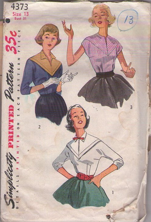 Simplicity 4373 Vintage 50's Sewing Pattern Yoked Blouse Set, Petite Triangular, Saddle Stitched, Kimono Sleeve Blouse, Shirt Set 3 Styles Size 13