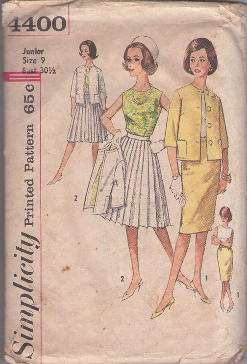 Simplicity 4400 Vintage 60's Sewing Pattern Mod Suit Separates, Modest Jackie O Suit Dress, Cardigan Jacket, Blouse, Sheath or Knife Pleats Skirt Size 12