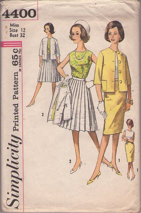 Simplicity 4400 Vintage 60's Sewing Pattern Mod Suit Separates, Modest Jackie O Suit Dress, Cardigan Jacket, Blouse, Sheath or Knife Pleats Skirt Size 9