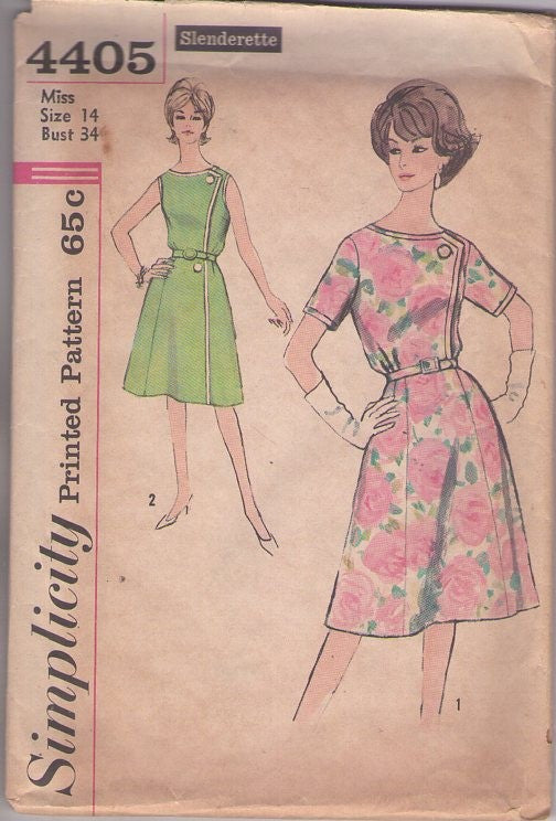 Simplicity 4405 Vintage 60's Sewing Pattern Mod Dresses, Housewife Jackie O Wrap Front Button Bodice Flared, Gored Skirt Day Dress 2 Styles Size 14