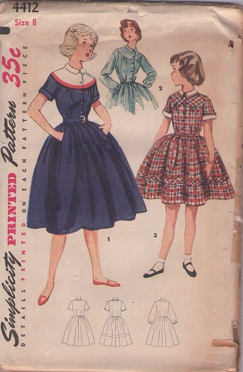 Simplicity 4412 Vintage 50's Sewing Pattern Girl's Dresses, Scoop Yoke Shirtwaist School or Party Dress, Pockets, Full Skirt, 3 Styles Size 8