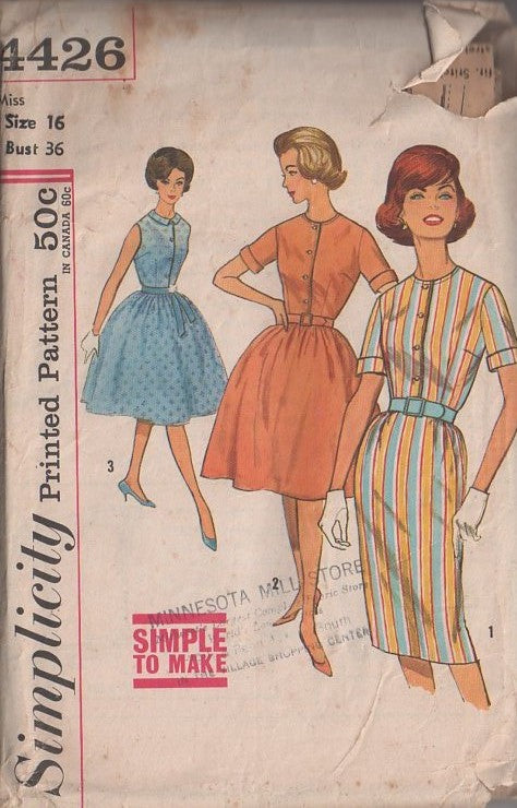 Simplicity 4426 Vintage 60's Sewing Pattern Day Dress Set, Housewife, Daytime Shirtwaist Dress, Slim Sheath or Flared Full Skirt Size 16