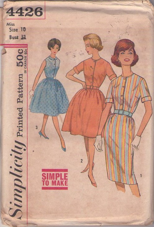 Simplicity 4426 Vintage 60's Sewing Pattern Day Dress Set, Housewife, Daytime Shirtwaist Dress, Slim Sheath or Flared Full Skirt Size 10