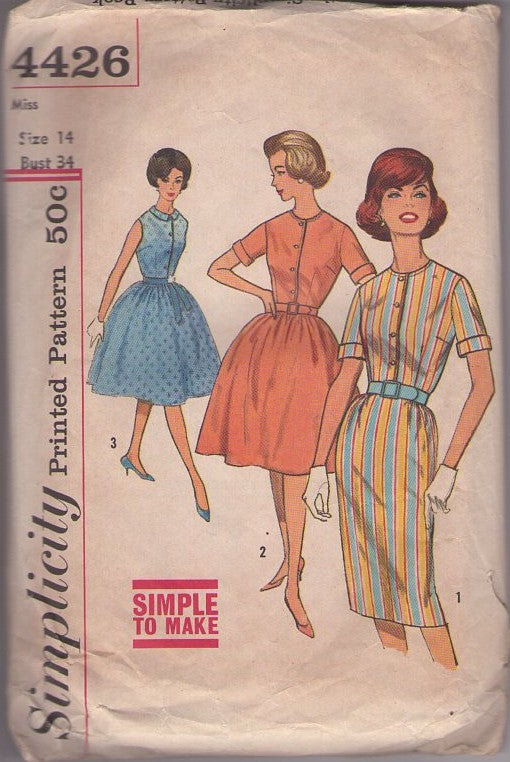 Simplicity 4426 Vintage 60's Sewing Pattern Day Dress Set, Housewife, Daytime Shirtwaist Dress, Slim Sheath or Flared Full Skirt Size 14